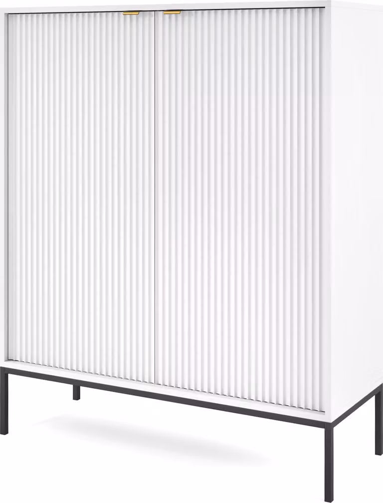 DomoHome Komoda z wysokim ożebrowaniem NOVA - 2 drzwi Komoda ze złotymi uchwytami Kolor: Biały Komoda Glamour na czarnych nogach 125x104x39cm - Elegancki mebel do salonu