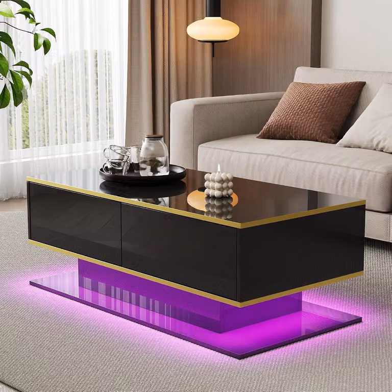 Stolik kawowy LED - blat z wysokim połyskiem - do wystroju salonu - złota dekoracja - długość 100 cm - kolor czarny
