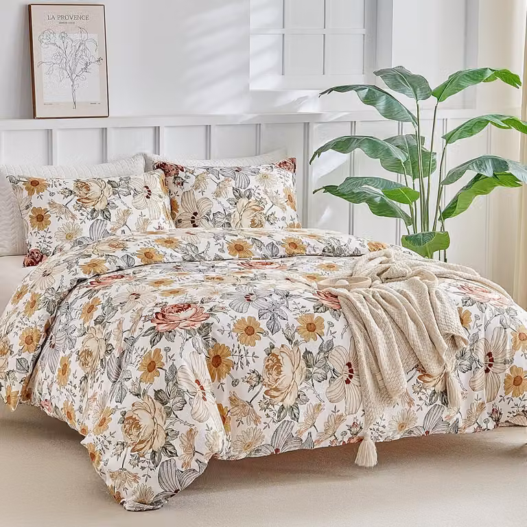Komplet pościeli z kocem i poszewkami na poduszki, wzór kwiatowy w stylu akwareli, 240 x 220 cm, 3-elementowy, wykonany z mikrofibry
