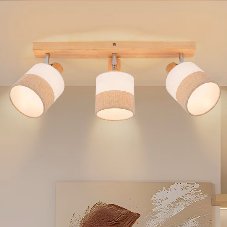 ZMH Reflektor sufitowy 3 płomienie lampa sufitowa drewniana vintage E14 klosz z tkaniny obrotowy spot 350° MAX.25W bez żarówek