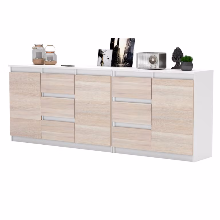 AZ team ® Duża Komoda BIAŁA SONOMA 200 cm 6 Szuflad 3 Drzwi Zestaw do Salonu