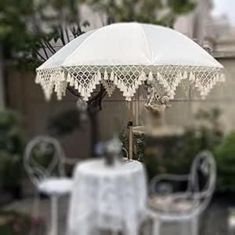 Parasol boho z frędzlami, 200 cm, ochrona przed promieniowaniem UV, biały. Parasol balkonowy, wodoodporny, parasol targowy. W zestawie torba