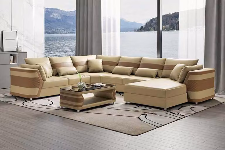 Wohnlandschaft xxl Sofa U-Form Groß Ecksofa Ledersofa Beige Sofas Couchen