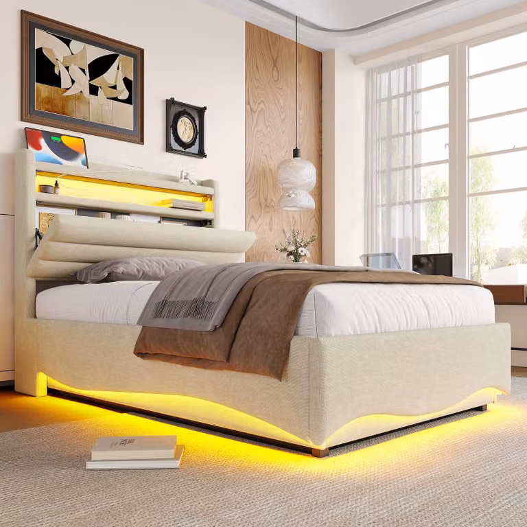 Łóżko tapicerowane Zerbaco, 90 x 200 cm, jednoosobowe, z mechanizmem hydraulicznym, z oświetleniem LED, z portami USB i typu C, z pojemnikiem na pościel, kolor beżowy, bez materaca