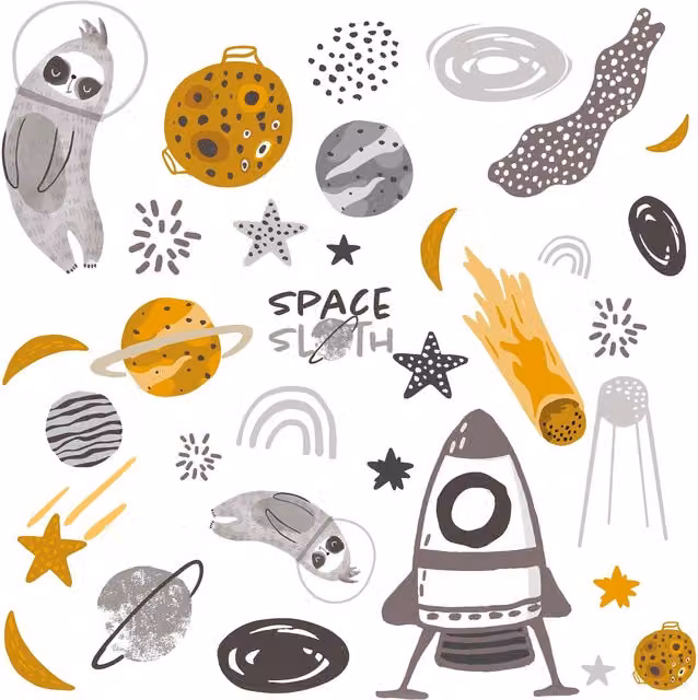 Zestaw naklejek ściennych Space Sloth marki Yellowtipi w kolorach szarym, żółtym i wielokolorowym z motywem zwierząt i natury