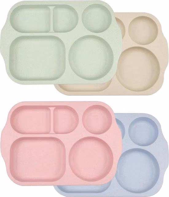 Zestaw plastikowych talerzy dla dzieci, 4 sztuki, z przegrodami, nietłukące talerze dla dzieci, z tworzywa sztucznego, 5-miejscowy stół dla dorosłych i dzieci