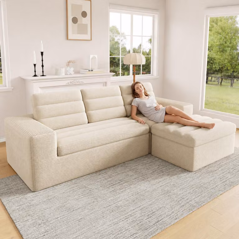 Modułowa sofa narożna, bez ram, "chmurna" (miękka), obita tkaniną Cord, nie wymaga montażu (beżowa)