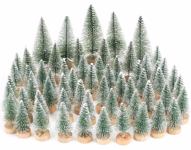 Miniaturowe ozdoby choinkowe, 60 sztuk, sztuczne, zielone, z drewnianą podstawką, o wymiarach 8,5/6,5/4,5 cm