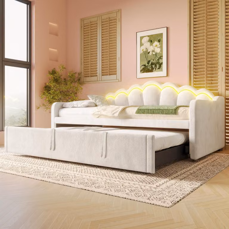 Łóżko tapicerowane Flieks 90x200cm z wysuwanym łóżkiem, rozkładana sofa młodzieżowa łóżko dziecięce z LED, drewniane łóżko rozkładana sofa, aksamit, beżowy