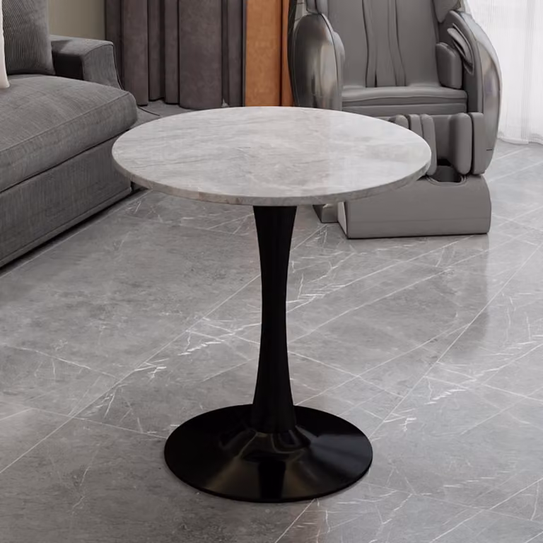 Okrągły stół jadalny dla 2-4 osób, średnica 70 cm. Czarny stolik kawowy w stylu mid-century z imitacją marmuru w kolorze szarym. Praktyczny stół kuchenny, idealny do małych pomieszczeń