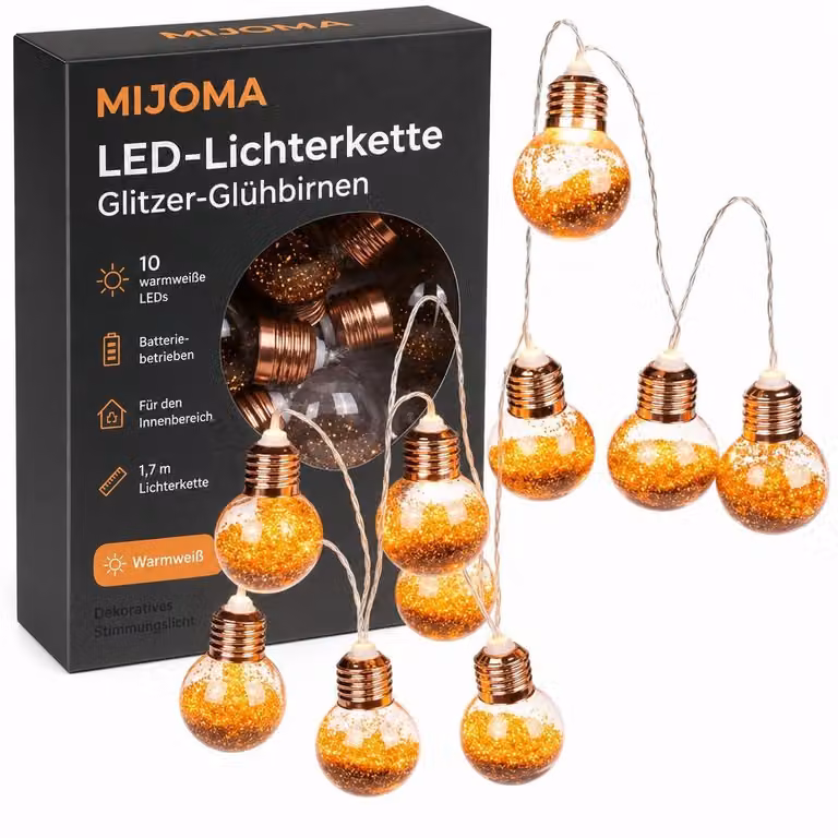 Świąteczna lampka LED z 10 ciepłobiałymi żarówkami, długość 1,7 m, zasilana bateriami