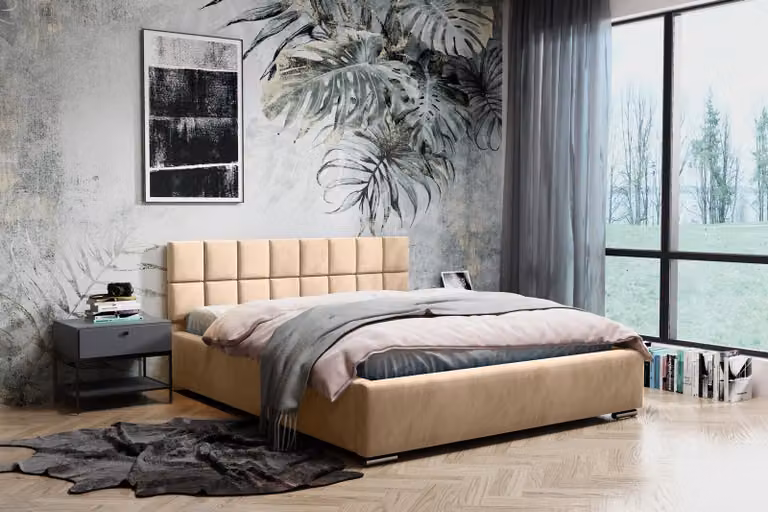 Łóżko tapicerowane Dream z zagłówkiem, 140x200 cm, podwójne łóżko z pojemnikiem na pościel i drewnianą podstawą pod materac, obicie: welur, kolor: beżowy