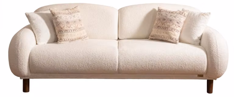 Komplet wypoczynkowy do salonu w kolorze beżowo-khaki, składający się z sof, obitych tkaniną. Meble designerskie