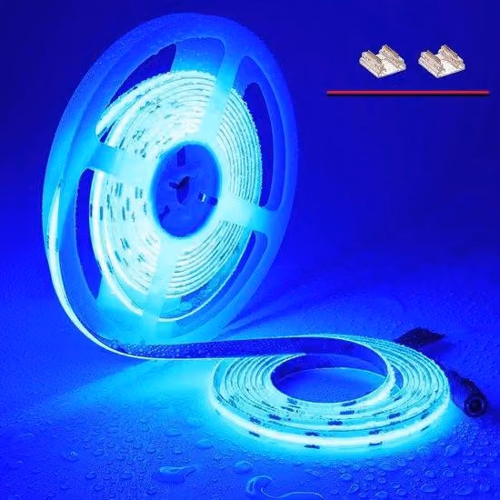 Listwa LED COB 12V, 5 metrów, wodoodporna IP65, niebieska, 480 LED/m, możliwość regulacji jasności, energooszczędna, do użytku wewnątrz i na zewnątrz, idealna do kuchni, łazienki, ogrodu, do dekoracji i projektów DIY