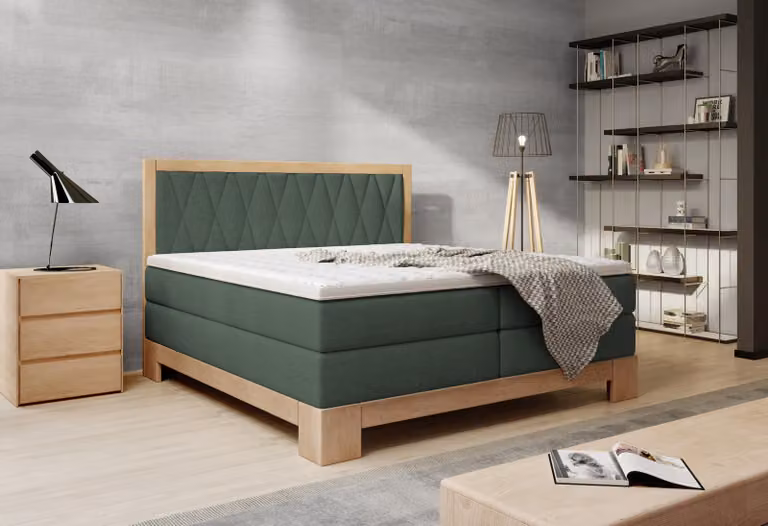 Łóżko kontynentalne do sypialni Skandynawskie łóżko sprężynowe 140x200cm w kolorze jasnego dębu Nowoczesny design Z ergonomicznym materacem i nakładką z zimnej pianki Kolor zielony