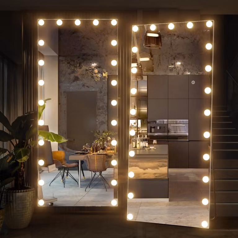 Lustro stojące z oświetleniem LED, 165x60 cm, styl Hollywood, możliwość regulacji intensywności światła
