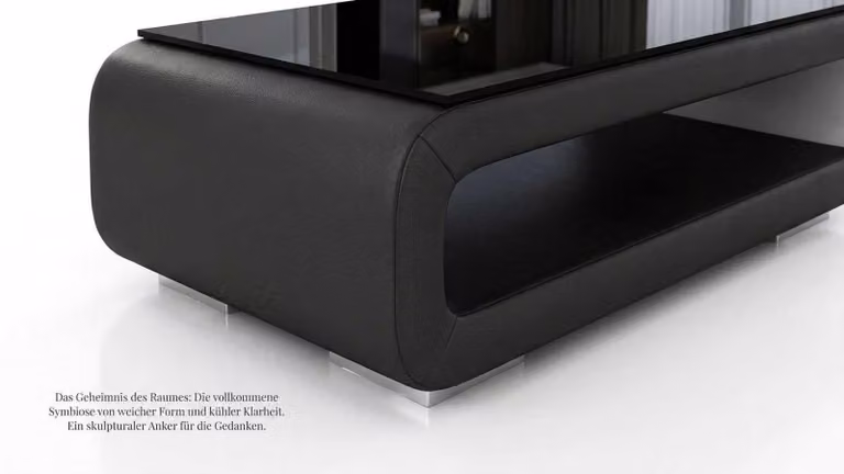 Nowoczesna, czarna, narożna sofa z kompletem stolików kawowych. Projektowane meble