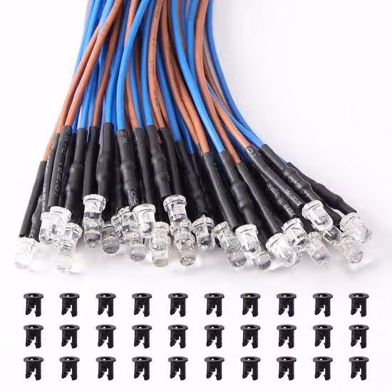 30 sztuk, diody LED 3 mm, 12 V, wstępnie podłączone, kolor: błękit lodowy, długość przewodu: 20 cm. 30 sztuk wstępnie podłączonych diod LED + 30 sztuk plastikowych uchwytów na diody