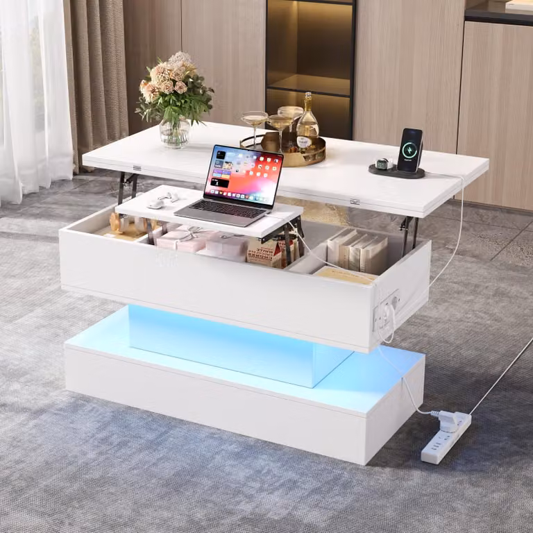 Stolik kawowy Sweiko 100x50x51,5 cm z gniazdem, gniazdo ładowania USB-C&USB, wielofunkcyjny stolik do salonu z LED, podnoszony stolik kawowy, stolik do sofy z regulacją wysokości, stolik boczny i stół jadalny z miejscem do przechowywania, biały