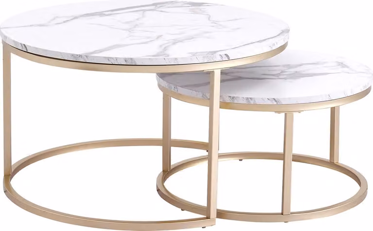 Stolik kawowy Happyment Luxe - Biało-złoty - Marmour Look - Zestaw 2 - Styl wiejski - Salon - Okrągły - 80 i 60 cm