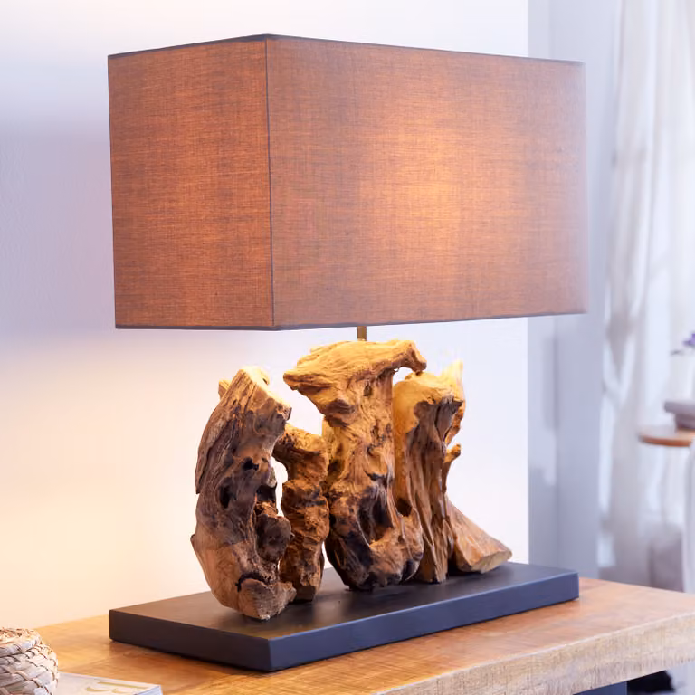 Lampa stołowa riess-ambiente ARAGON, 50 cm, brązowa, podstawa z drewna, abażur z lnu, metalowa oprawa E27