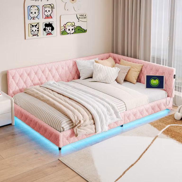 CDGlobal łóżko tapicerowane 140x200 z LED i złączem USB, rama łóżka z listwami, łóżko dzienne sofa rozkładana aksamitna tkanina sofa rozkładana łóżko dla gości łóżko młodzieżowe