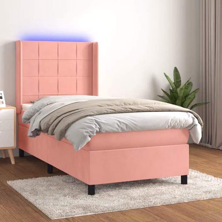 vidaXL Łóżko na sprężynach z materacem i diodami LED różowe 100x200 cm aksamitne - Łóżko na sprężynach - Łóżka - Meble do sypialni