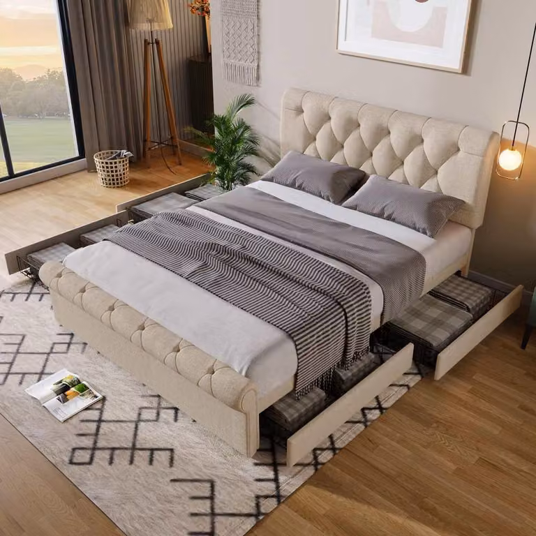 Łóżko tapicerowane z 4 szufladami i regulowanym zagłówkiem, styl Chesterfield, bez materaca, odpowiednie do sypialni, łóżko podwójne, 140x200 cm