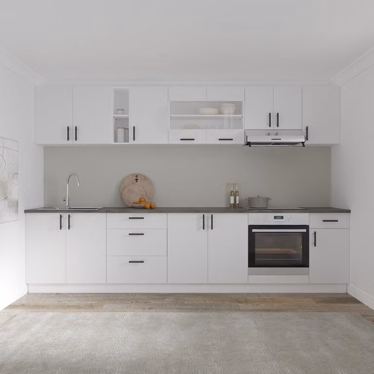 Komplet kuchenny Karo V28, biały, blat termoformowany o grubości 28 mm, szerokość 320 cm