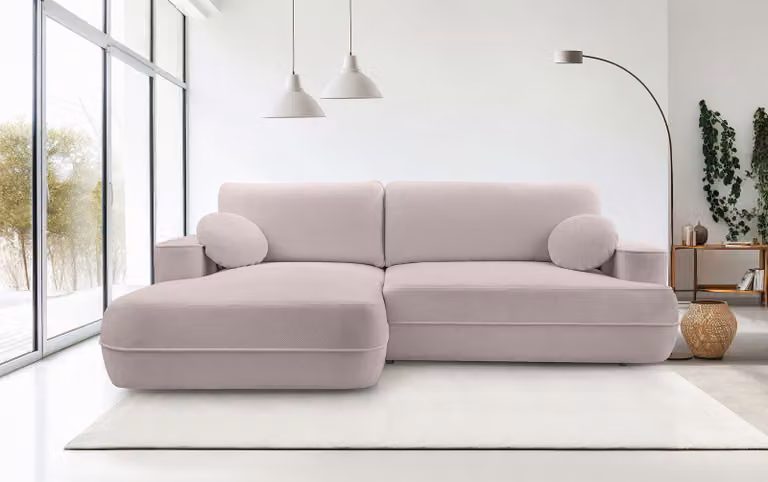 DomoHome Sofa narożna FUEGO 260x168 cm pudrowy róż, lewa strona z funkcją spania 140x240 cm, skandynawski design, sofa z pojemnikiem na pościel, tkanina Bubble, nowoczesna sofa do salonu