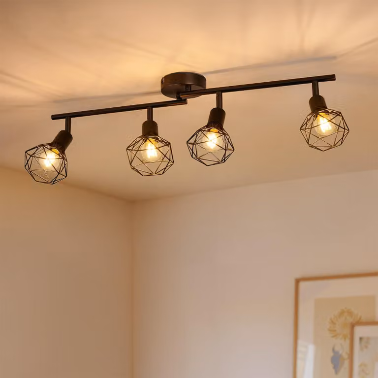 Lampa sufitowa, czarna, 4 źródła światła, gwint E14, styl vintage, metal