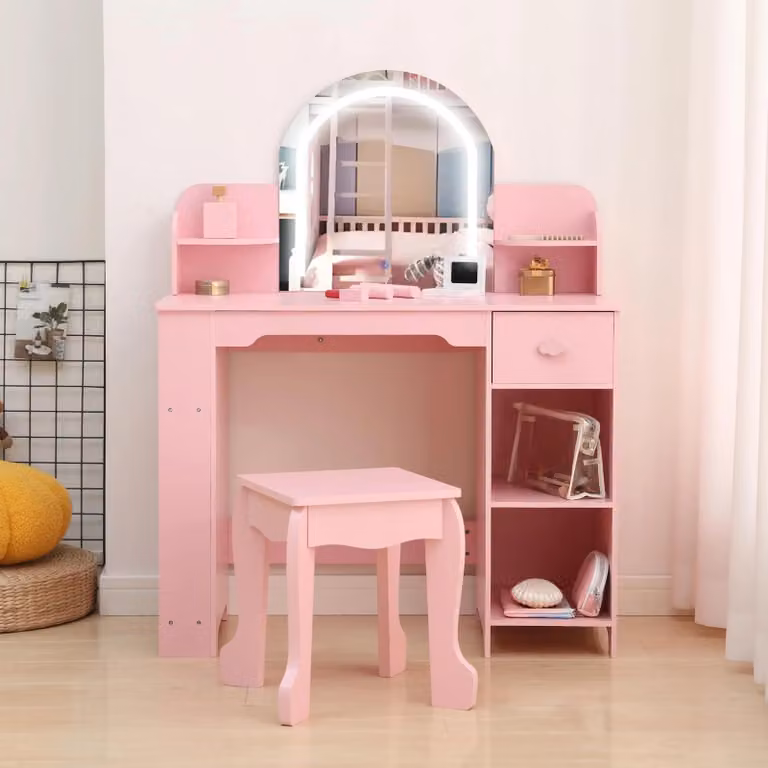 Toaletka dla dzieci - zestaw "Księżniczka" z taboretką - lustro LED z dotykowym panelem sterowania - 3 tryby regulacji jasności - miejsce do przechowywania z szufladą - półka na książki - kolor różowy, zawiera akcesoria