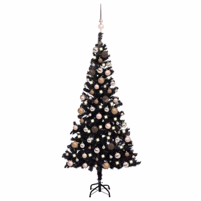 The Living Store Sztuczna choinka z oświetleniem i kulkami czarna 120 cm