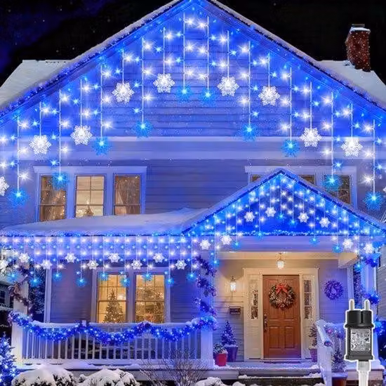 Światełka zewnętrzne, 10 metrów, 240 diod LED, w kształcie płatków śniegu, dekoracje świąteczne, zasilane prądem, z timerem, wodoodporne, do balkonu, rynny, domu, okna, dekoracje świąteczne, do użytku wewnątrz, kolor niebieski i biały