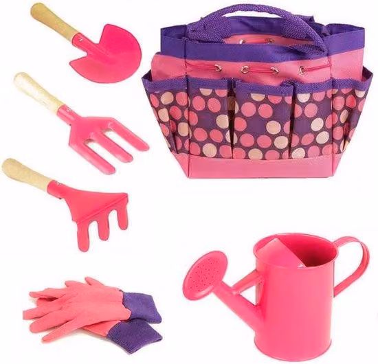 Zestaw ogrodowy Unyqoos® dla dzieci, 6 elementów – zabawki ogrodowe do użytku zewnętrznego, kolor różowy: mini konewka, torba ogrodnicza, mini motyka, łopatka do sadzenia, widelec i rękawice