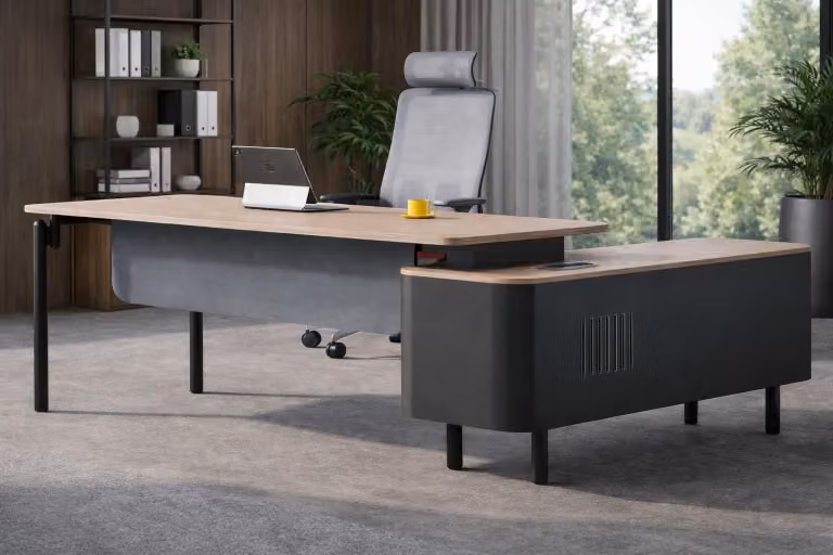 Solidne, brązowe biurko narożne – eleganckie biurka i meble do gabinetu