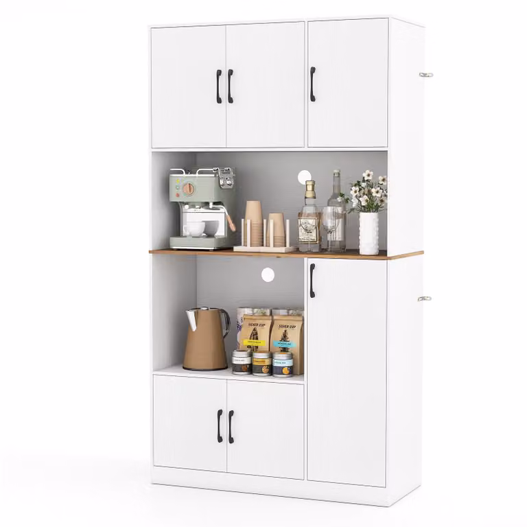 Szafka kuchenna COSTWAY, szafka bufetowa, wysoka szafka z gniazdkiem, drzwiami i blatem roboczym, spiżarnia, szafka do przechowywania, 100x40x180cm, biała