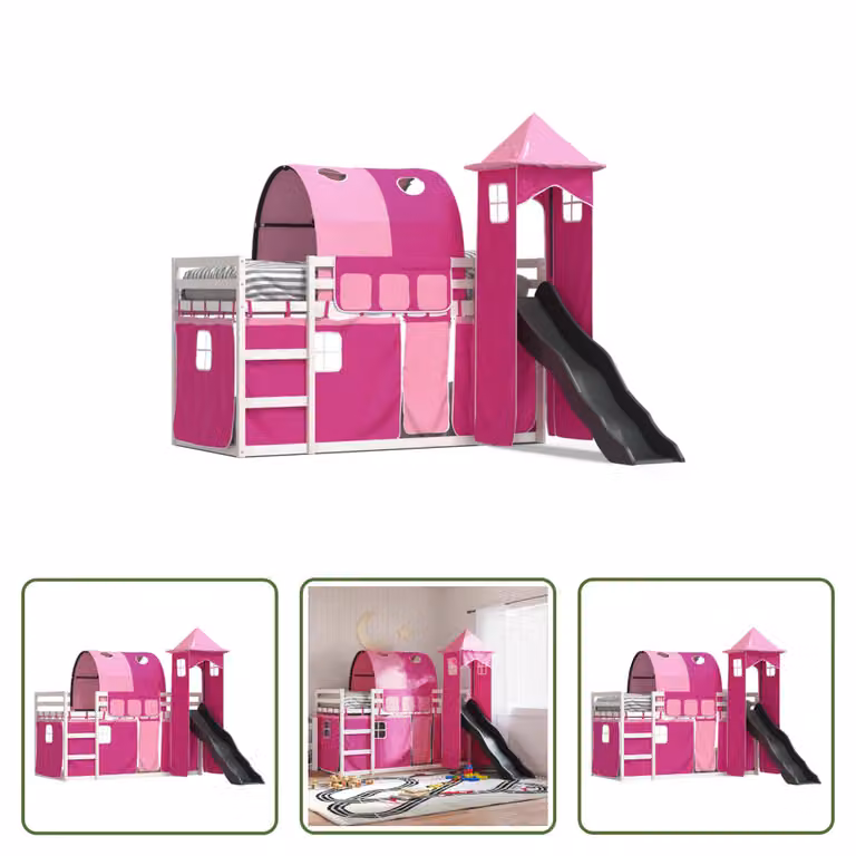The Living Store Łóżko piętrowe ze zjeżdżalnią i zasłonami Pink 90x200 cm