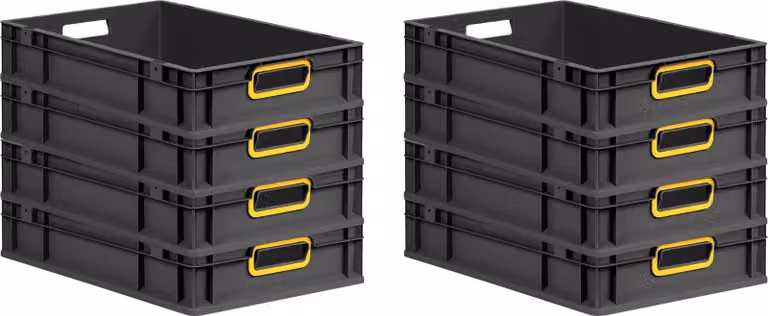 SuperSparSet 8x Eurobox NextGen Color | HxWxD 12x40x60cm | 23 litry | uchwyty żółte otwarte | czarny | Europojemnik, skrzynia transportowa, pojemnik transportowy, pojemnik do sztaplowania