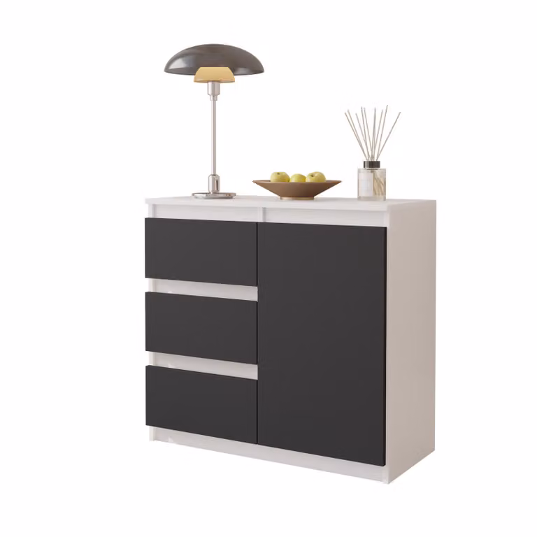 Komoda 80 Cm Biały Mat / Antracyt 3 Szuflady, 1 Drzwi, 1 Półka Salon