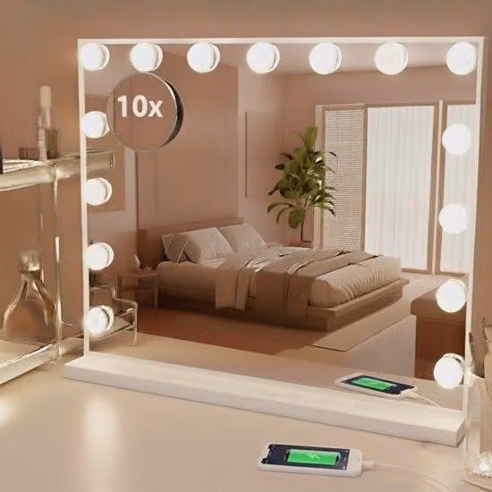 Luster do makijażu Hollywood – podświetlany – idealny do nakładania makijażu – 10x powiększające lusterko – wymiary: 58x46 cm – biały