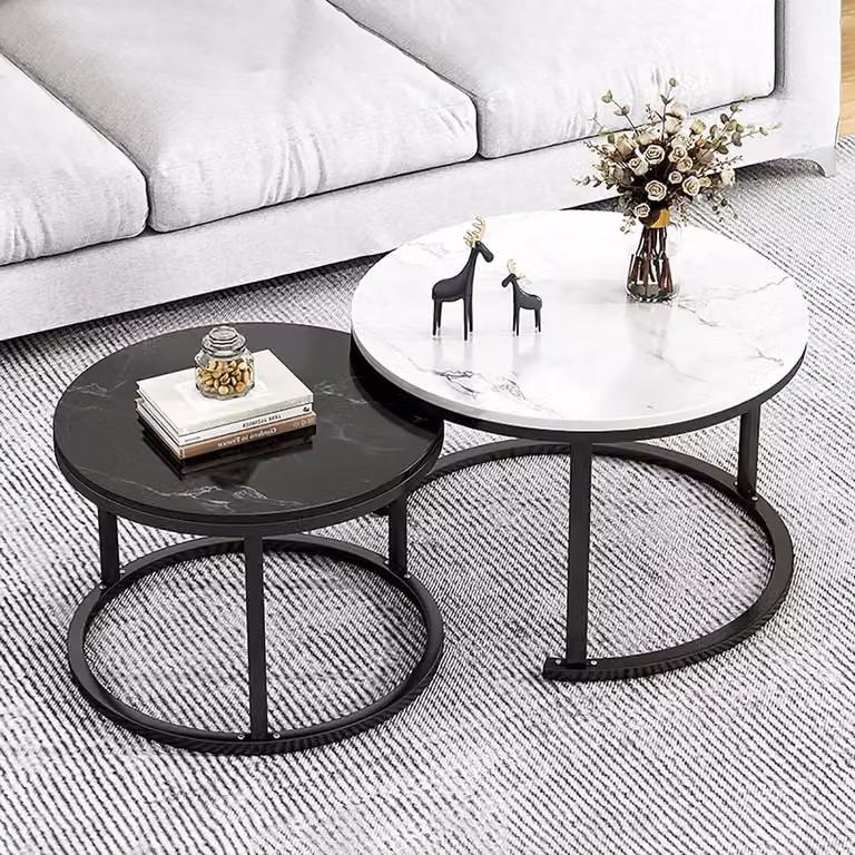 Zestaw stolików kawowych - stolik pomocniczy z imitacją marmuru - dekoracja do salonu - wygląd marmuru - 70 cm + 48 cm - czarny