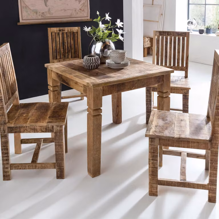 FineBuy stół do jadalni kwadratowy 80 cm z litego drewna mango - drewniany stół do jadalni, stół kuchenny dla 4 osób, mały rustykalny stół do jadalni