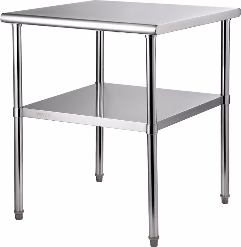 Komercyjny stół ze stali nierdzewnej 76,2 x 76,2 x 91,4 cm, stal nierdzewna Dwuwarstwowy stół roboczy Stół do krojenia Gastro 226 kg + 136 kg nośności, komercyjny stół kuchenny, stół przygotowawczy Meble kuchenne