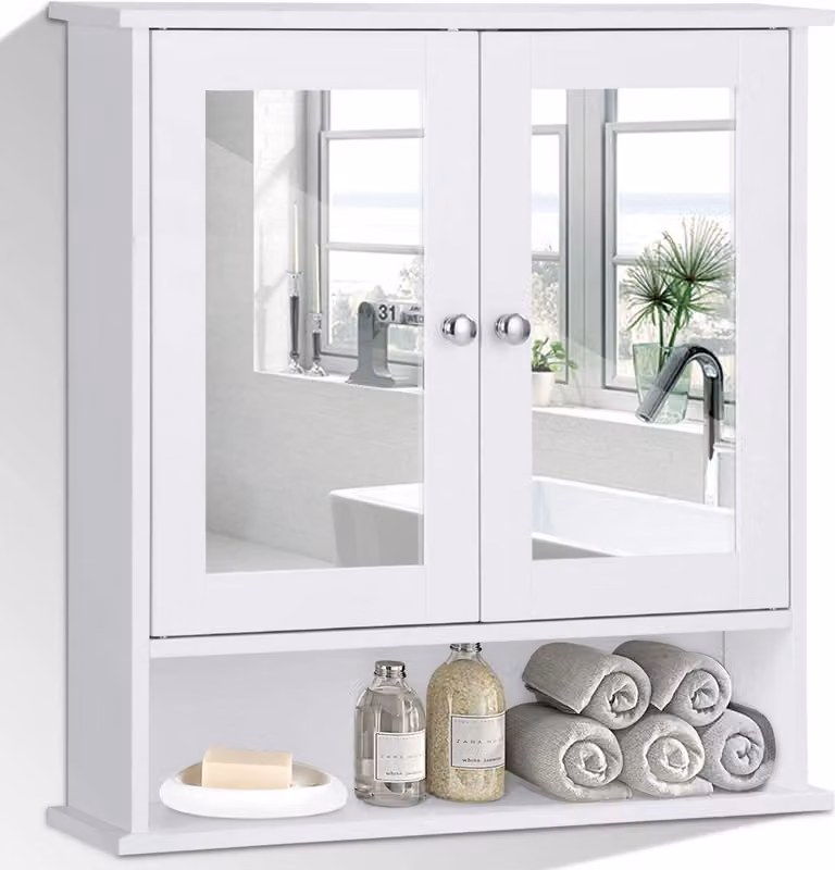 Szafka z lustrem COSTWAY z regulowaną wysokością półki i lustrzanymi drzwiami, szafka łazienkowa, szafka łazienkowa, 58,5x56,5x13,5cm biała