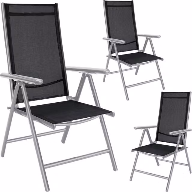 Zestaw 3 składanych krzeseł ogrodowych Casaria z podłokietnikami, aluminium malowane proszkowo, materiał textilene, kolor srebrny matowy