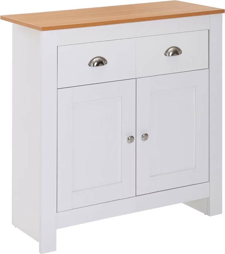 Kredens Rootz - Nowoczesna komoda z 2 szufladami - Designerski wysoki kredens z drzwiami - Przechowywanie w salonie - Biały dąb - 79 x 81 x 34,5 cm