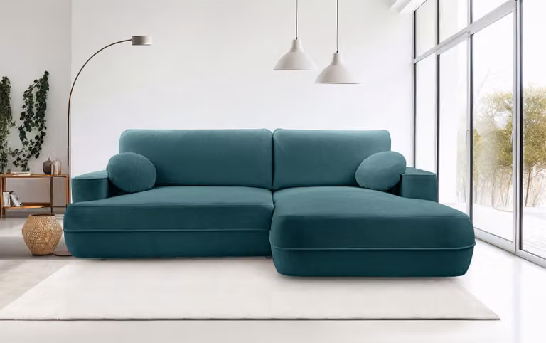 DomoHome Sofa narożna FUEGO 260x168 cm turkusowa prawa strona z funkcją spania 140x240 cm, skandynawski design, sofa z pojemnikiem na pościel, tkanina Bubble, nowoczesna sofa do salonu