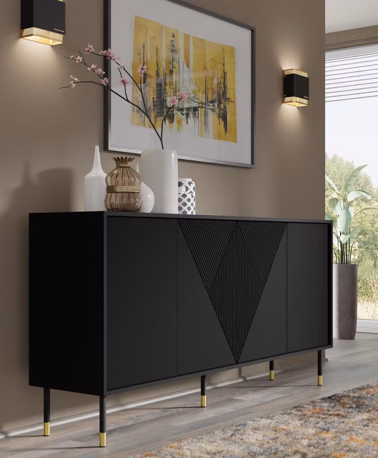 Komoda WOODY BLACK 4D 180 cm CZARNA MATOWA – fronty z frezowanego MDF – kredens na nóżkach
