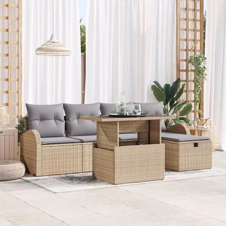 Maison Exclusive - Zestaw mebli ogrodowych (sofa i fotele) dla 6 osób. Beżowy, wykonany z rattanu syntetycznego